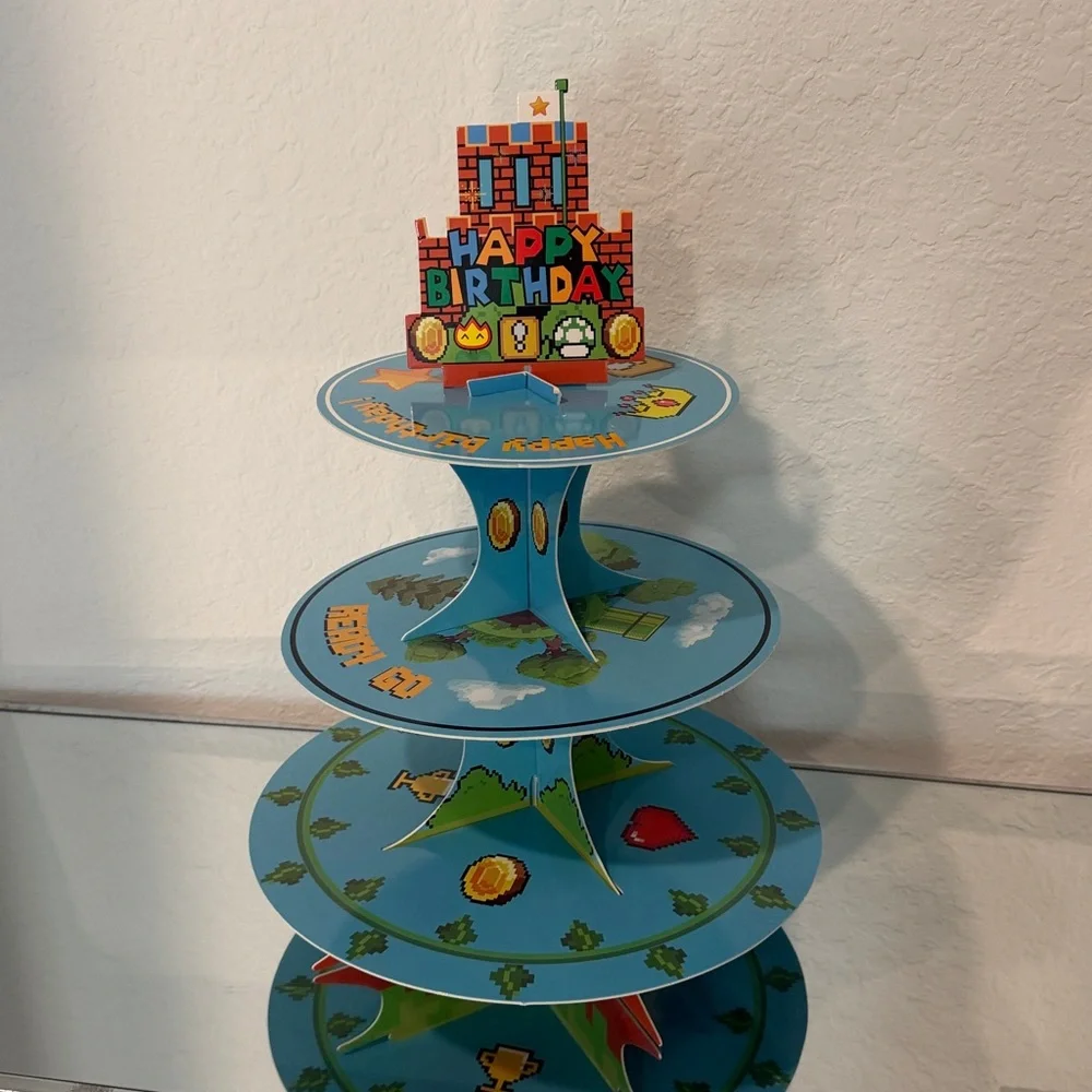 Blue Super Mario Theme 4-Tier Birthday Cupcake Stand